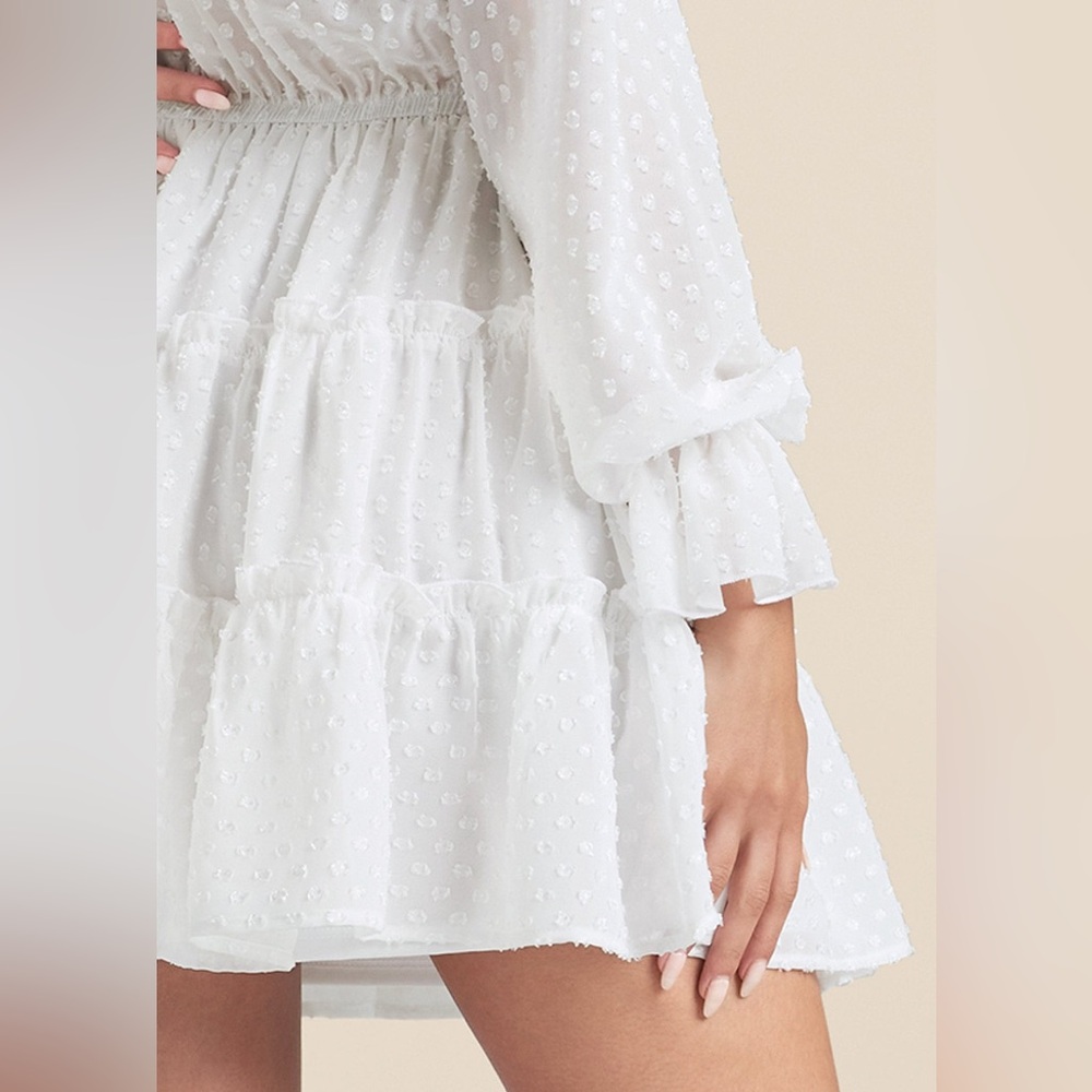 NWOT Sz Med. VENUS. White SwissDot Boho Mini Lace-up Dress w/sheer sleeves - Picture 9 of 9